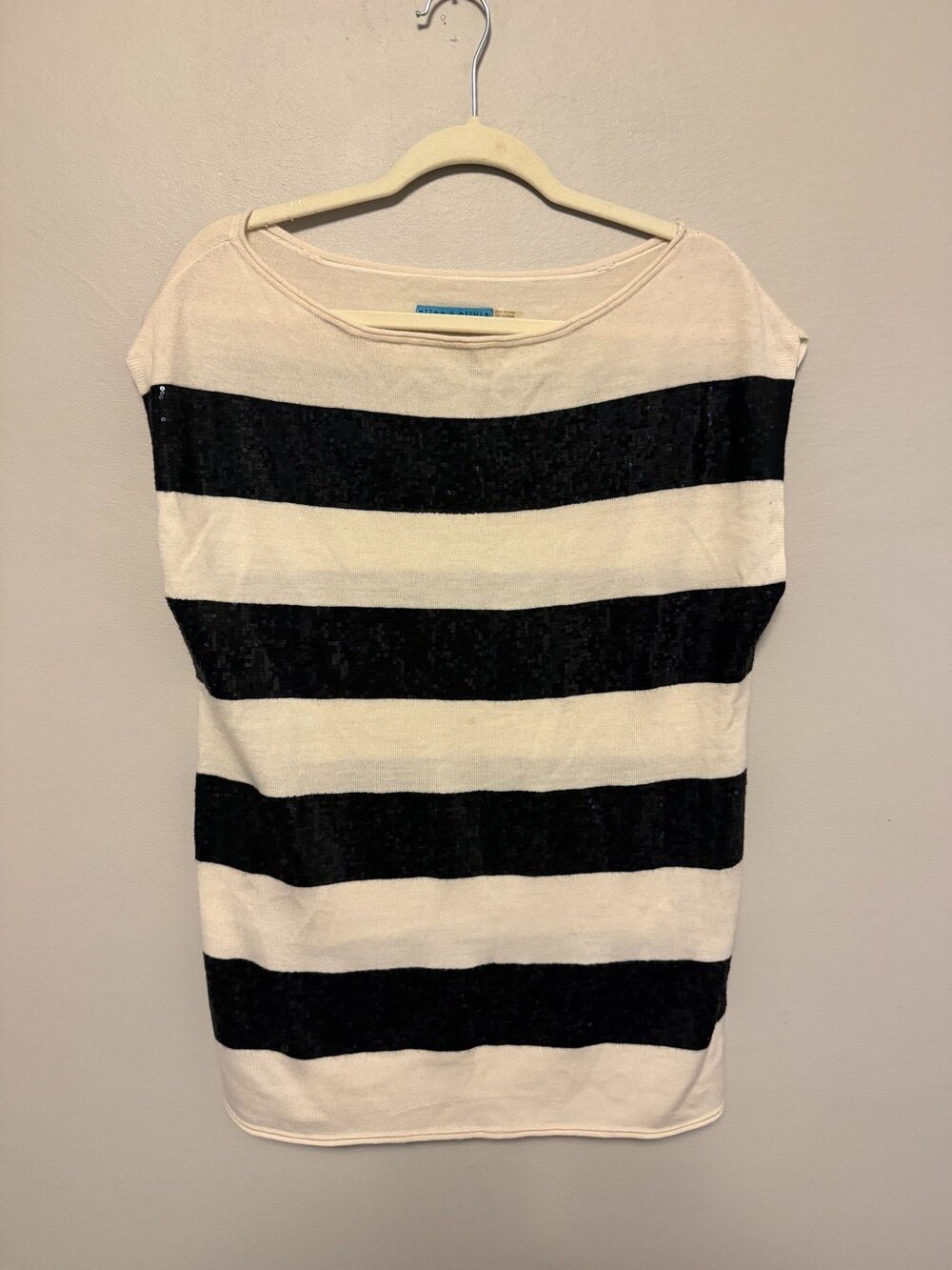 Alice + Olivia 100% Wool Sequin Stripe Sweater Size S Black Ivory
